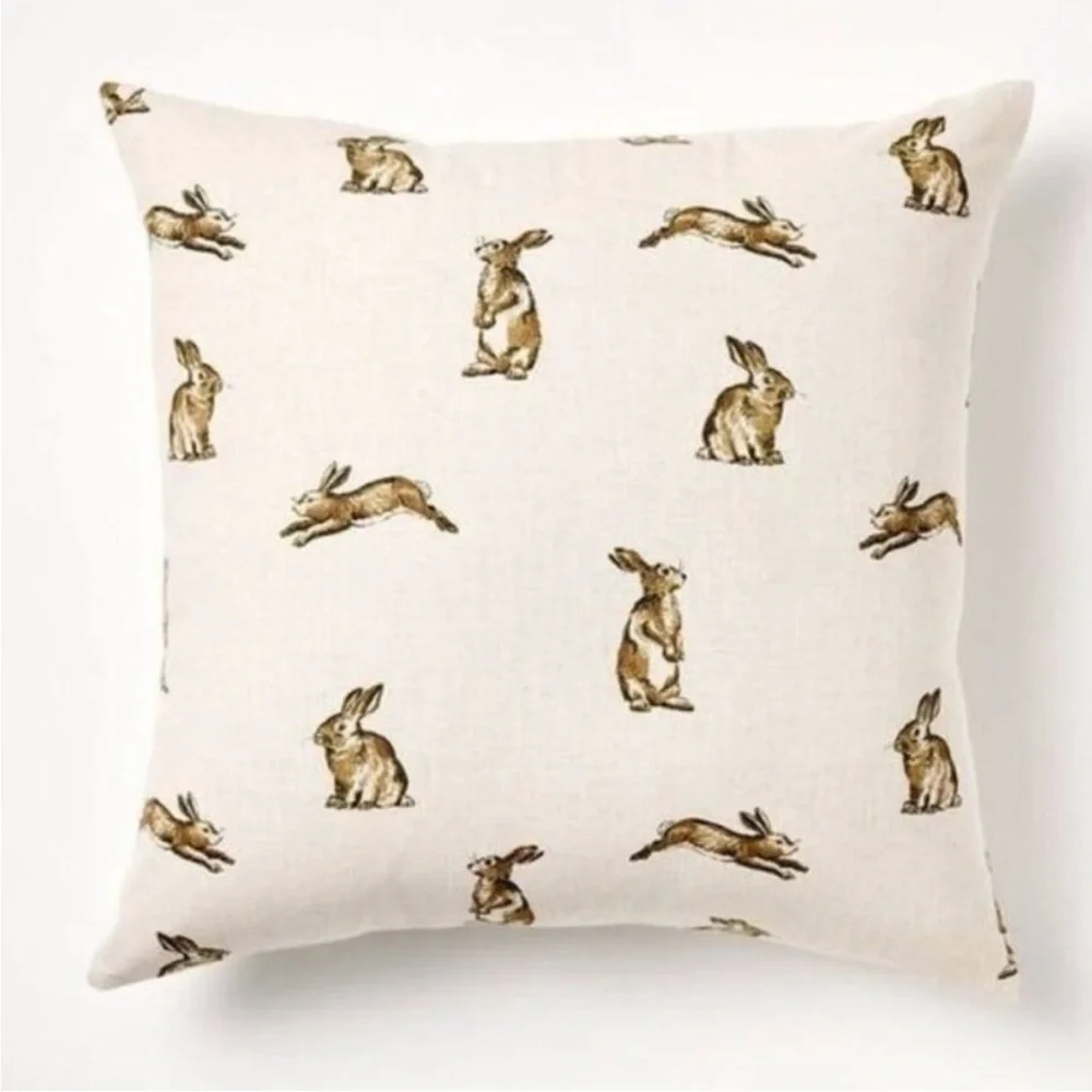 Oversized Printed Bunny Square Throw Pillow Linen Brown Rabbits Studio McGee